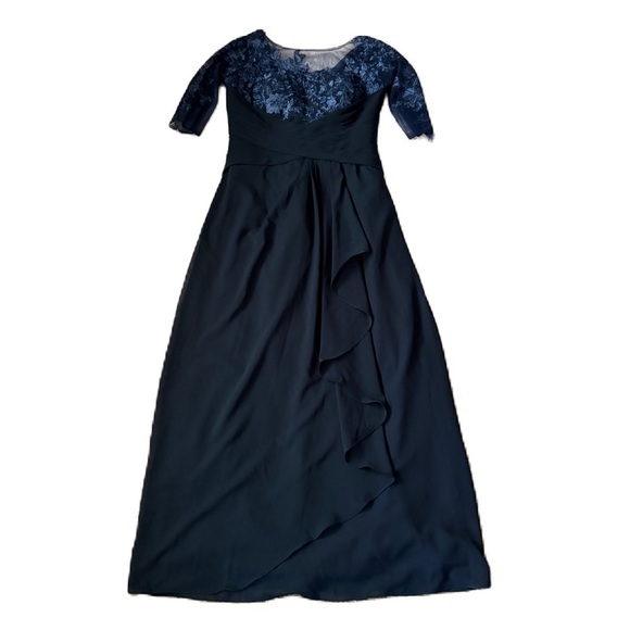 Dresses & Skirts - Elegant Navy Blue Gown with Lace Detail Sz 16 Mother of the Bride Floral Maxi